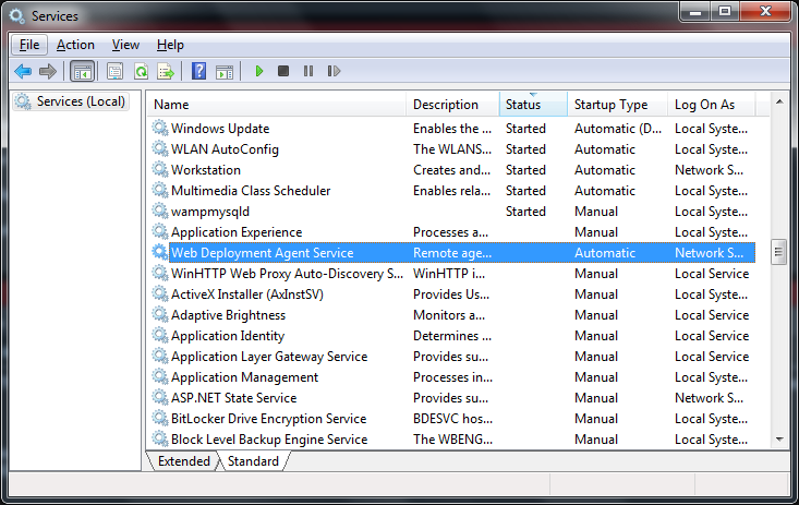 نمایی از کنسول Services در ویندوز و سرویس Web Deployment