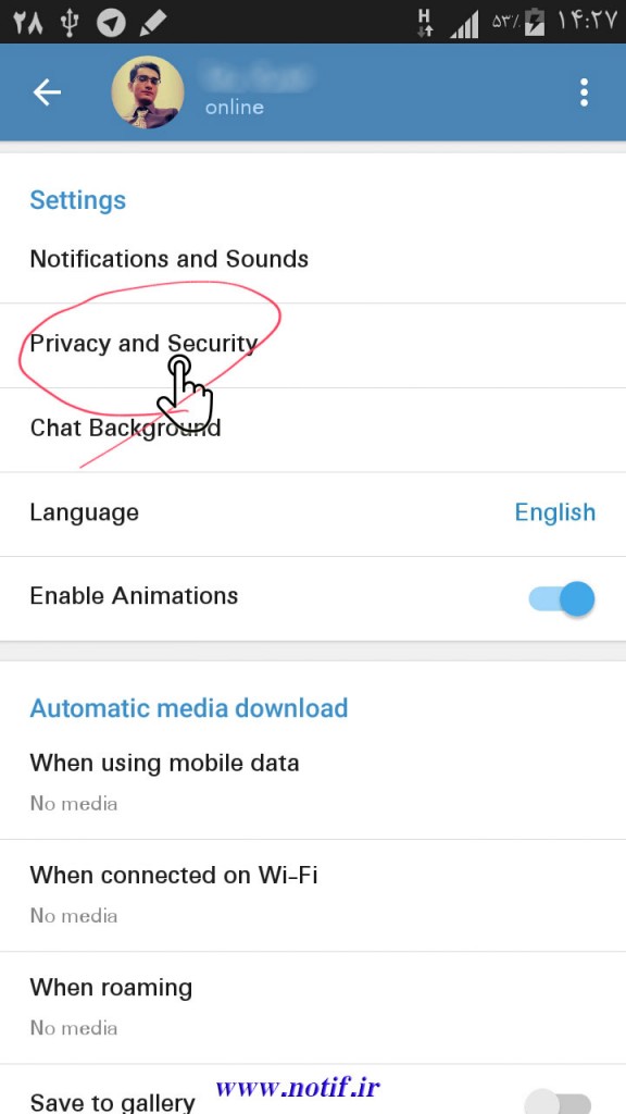 بازکردن منوی Privacy and Security در تلگرام
